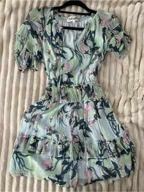 Diane von Furstenberg Floral Pleated Ruffle Dress - Pastel Blue & Green
